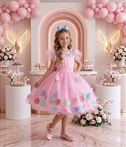 Vestido Infantil Jardim Encantado Rosa Luxinho Flores Borboletas