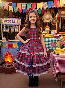 Vestido Infantil Junino Luxo Xadrez Vermelho