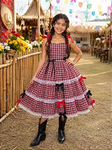 Vestido Infantil Junino Luxo Xadrez Vermelho 3