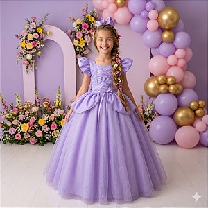 Fantasia Vestido Princesas Longo Infantil Lilas Festa Luxo