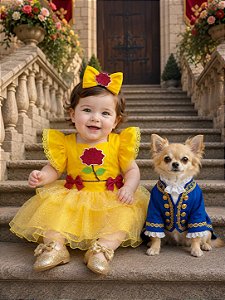 Romper Infantil Temático Princesa Amarelo Laço de Cabelo