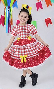 Vestido Junino Infantil Vermelho Xadrez com Corações e Laços
