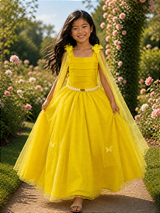 Vestido Infantil Longo Amarelo Aplique de Borboletas Festas