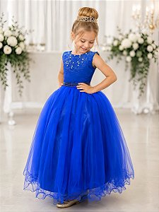 Vestido Infantil Damas de Honra Longo Azul Royal Pérolas