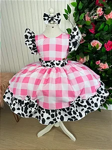 Vestido Fazendinha Rosa Vaquinha Infantil Festa Luxo