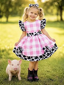 Vestido Infantil Xadrez Branco Rosa Fazendinha Vaquinha Laço