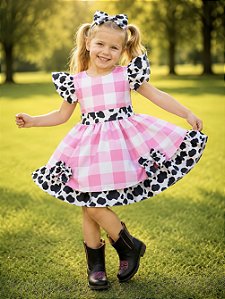 Vestido Infantil Xadrez Branco Rosa Fazendinha Vaquinha Laço