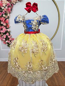 Vestido Infantil Princesa Maça Renda Metalizada Dourada