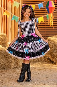 Vestido Infantil de Alça Junino Arraiá Festas Preto Xadrez
