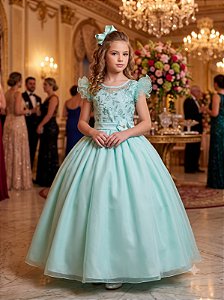 Vestido Infantil Longo Festa Verde Menta Luxo