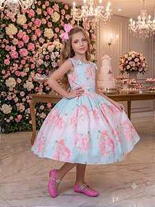 Vestido Infantil Luxo Festa Princesa Elegante Floral Azul