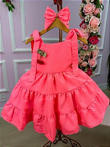 Vestido Infantil Rosa Neon Cerejinha Natalino Com Laço