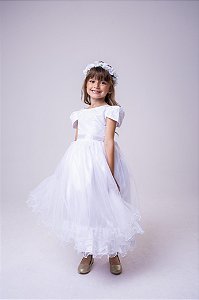 Vestido Infantil Branco para Dama da Honra Longo Babados Luxo