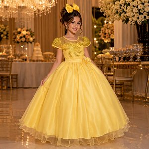 Vestido Infantil Amarelo Longo Princesa Com Saia Tule Festa