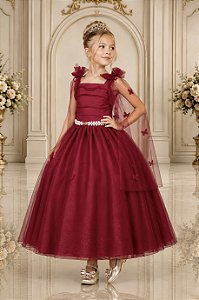 Vestido Infantil Longo Marsala Aplique de Borboletas Festas