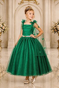 Vestido Infantil Longo Verde Aplique de Borboletas Festas Formatura