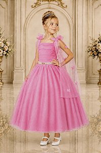 Vestido Infantil Longo Rosa Chiclete Formatura Borboletas Festas