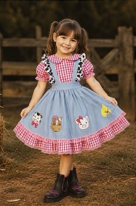 Vestido Infantil Fazendinha Rosa E Azul Safari Luxo Festas