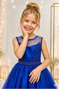 Vestido Infantil Azul Royal Renda Tule Brilho Formatura Luxo
