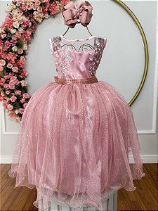 Vestido Infantil Rosé Renda e Tule com Brilho Daminhas