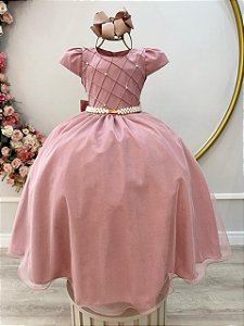 Vestido Infantil Longo Rose Busto Nervura Festas Daminhas
