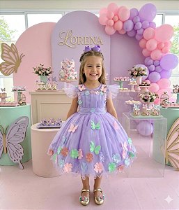 Vestido Infantil Jardim Encantado Lilas Luxo Flores Borboletas