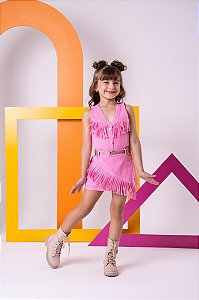 Conjunto Boiadeira Infantil Jeans Rosa Country Festa Rodeio