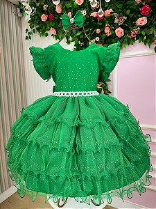 Vestido de Festa Infantil Verde Bandeira com Glitter e Babados