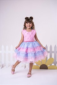 Vestido de Festa Infantil Rosa Arco-Íris Unicórnio com Babados