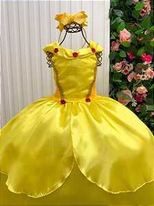 Fantasia Princesa Infantil Amarela Contos de Fadas Luxo Longa Festas Aniversário