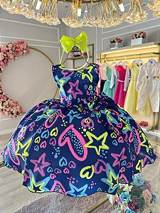 Vestido Infantil Azul Marinho Neon com Broche de Laço Luxo