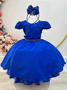 Vestido de Festa Infantil Azul Royal com Cinto de Pérolas