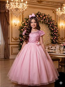 Vestido de Formatura Infantil Rosa Bebe Longo Dama Casamento