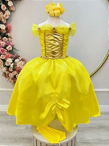 Fantasia Infantil Princesa Amarela com Luvas Festa Luxo