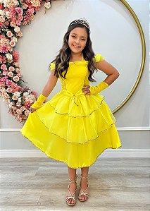Fantasia Infantil Princesa Amarela com Luvas Festa Luxo