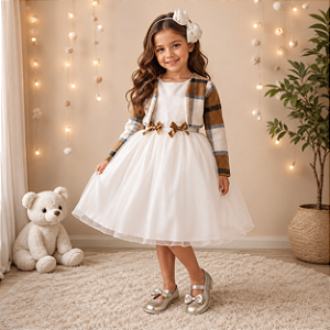 Vestido Infantil Off White Xadrez Strass Casamento com Bolero
