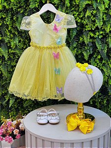 Vestido Infantil Jardim Encantado Amarelo Borboletas + Brinde