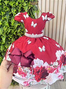 Vestido Infantil Marsala Jardim das Borboletas Pérolas + Brinde