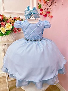 Vestido Infantil Azul Bebê Cinto de Pérolas Festa Luxo