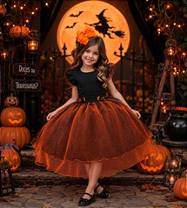 Vestido Fantasia Bruxinha Halloween Crianças Infantil Menina Abóbora