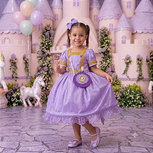 Vestido Infantil Princesa Lilas Realeza Festa Aniversario com Bolsinha
