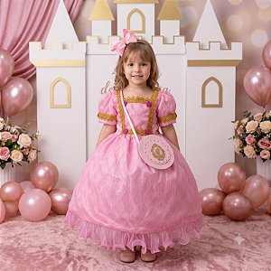 Vestido Infantil Princesa Rosa Realeza Festa Aniversario com Bolsinha