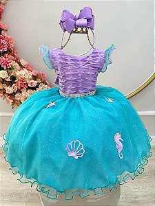 Vestido Infantil Fundo do Mar Sereia Menina Festa Aniversario Luxo
