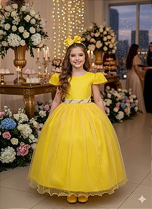 Vestido Infantil Formatura Amarelo Longo Tule com Glitter 4 ao 18