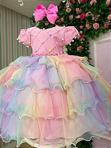 Vestido Infantil Arco-íris Luxo Princesa Festa Tule Colorido