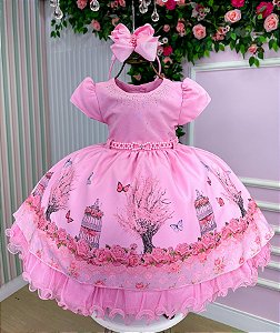 Vestido Infantil Jardim das Borboletas Bosque Encantado Rosa