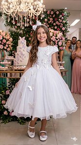 Vestido Infantil Jardim das Borboletas Midi Azul Branco