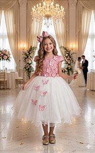 Vestido Infantil Jardim das Borboletas Midi Rose E Off