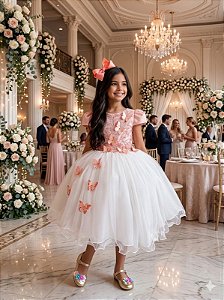 Vestido Infantil Jardim das Borboletas Midi Pessego E Off