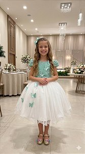 Vestido Infantil Jardim das Borboletas Midi Azul Verde Oliva E Off